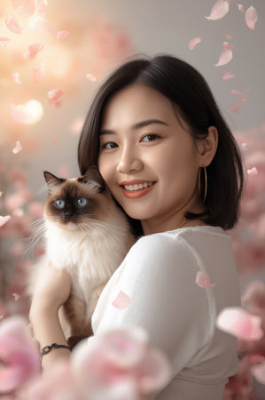 A young woman smiles warmly while gently holding her fluffy cat. Soft pink petals float around them, creating a serene and joyful atmosphere. The scene captures a moment of happiness and connection.の素材