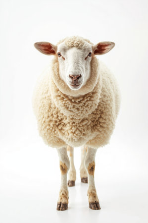 A white sheep with a thick, fluffy coat is captured standing straight. It has a calm demeanor and bright eyes, showcasing its soft wool. This striking image highlights farm life beauty and charm.の素材