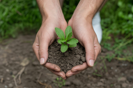 Two hands gently hold a small green plant rooted in soil, showcasing a connection to nature and a commitment to nurturing the environment in a garden area.の素材