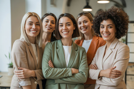 Five confident women entrepreneurs stand together in a modern office space, smiling and posing in stylish suits. They appear to support each other as they celebrate their achievements in business.の素材