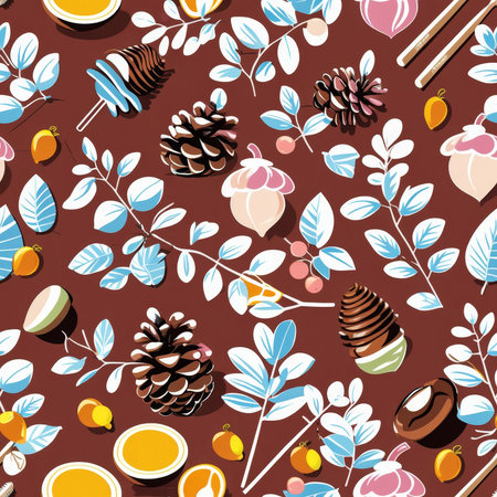 This pattern showcases a vibrant arrangement of leaves, pine cones, and fruits in shades of blue and brown against a terracotta background. Perfect for various design projects.の素材