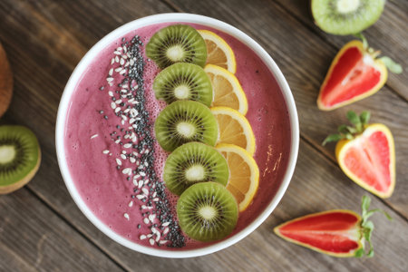 A vibrant smoothie bowl filled with a pink blend topped with sliced kiwi, lemon, strawberries, and seeds. Fresh fruit surrounds the bowl on a rustic wooden surface.の素材