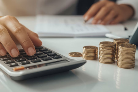 A person calculates expenses using a calculator while sitting at a desk. Stacked coins are visible nearby, indicating a focus on budgeting and financial planning in a workspace.の素材