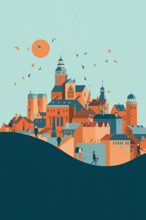 A vibrant digital illustration captures a European town. People stroll among the charming buildings and towers. The sun shines in a clear sky, enhancing the serene atmosphere and inviting ambiance.の素材