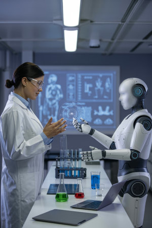 In a high tech lab, a female scientist interacts with an AI robot, both focused on advancing technology and research, exploring innovative concepts.の素材