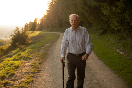 A senior man strolls down a dirt path surrounded by lush greenery during sunset. He holds a cane as he takes in the beautiful landscape and peaceful atmosphere.の素材