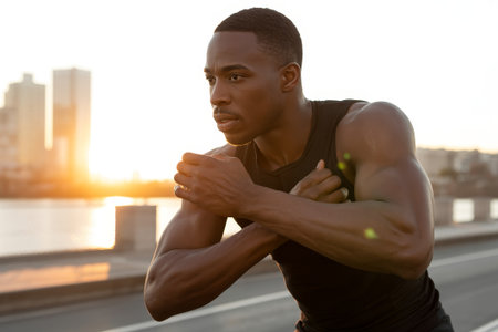 A fit black man in a sleeveless shirt is stretching his arms while training by the river. The sun is setting, casting a warm glow over the scene, highlighting his muscular build and focus.の素材