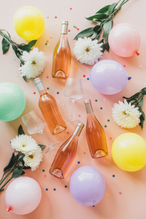 A flat lay showcases bottles of rose wine surrounded by colorful balloons and white flowers. This cheerful setting is perfect for a party or festive occasion. Bubbles and confetti add extra joy.の素材