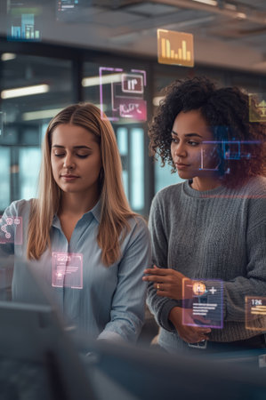 Two women are engaged in a discussion in a contemporary office setting. They appear to be analyzing data displayed on a screen. The atmosphere is professional and focused on teamwork.の素材
