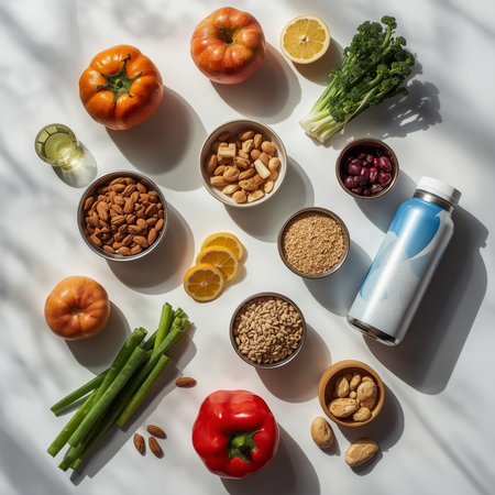 A variety of colorful ingredients are arranged on a white surface. Fruits like tomatoes and citrus are paired with nuts and seeds. This wholesome collection showcases healthy food choices for meals.の素材