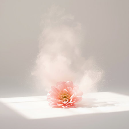 A delicate pink flower sits alone on a soft surface. Dust mist swirls around it, creating a peaceful atmosphere. The soft light highlights the flower's beauty.の素材