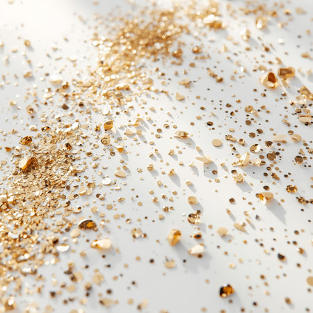 Shimmering glitter particles of various sizes are strewn across a white surface, reflecting light and creating a sparkling effect.の素材