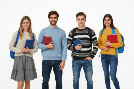 Four young individuals pose together in a bright setting, each holding books. They appear friendly and ready for school activities, wearing casual outfits and backpacks.の素材