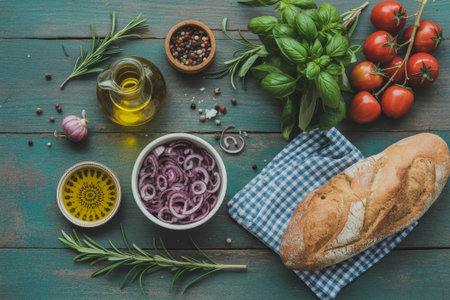 Colorful ingredients are arranged on a rustic wooden table, featuring ripe tomatoes, fresh herbs, sliced onions, olive oil, and a loaf of bread, ready for cooking.の素材