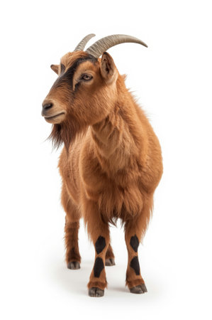 A domestic goat with small curved horns stands confidently in a well-lit indoor setting. Its rich brown fur is soft and its unique markings add charm to its appearance.の素材