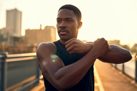 A fit black man in a sleeveless shirt stretches his arms on a bridge during sunset. The warm light creates a vibrant atmosphere as he prepares for his evening workout routine.の素材