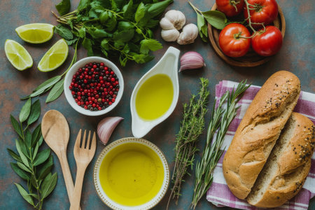 A variety of fresh ingredients lie on a rustic wooden table, including tomatoes, garlic, herbs, and olive oil, ready for cooking. Limes and spices add vibrant color to the scene.の素材