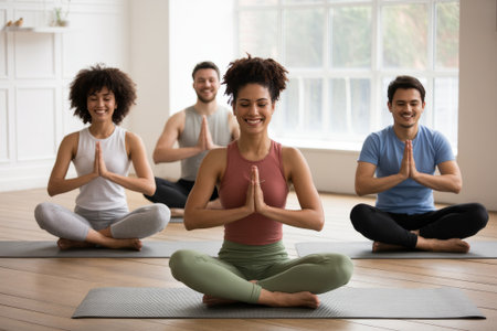 A group of four diverse individuals practices yoga in a modern studio. They sit comfortably on mats, hands in prayer position, focusing on their breathing during a morning session.の素材