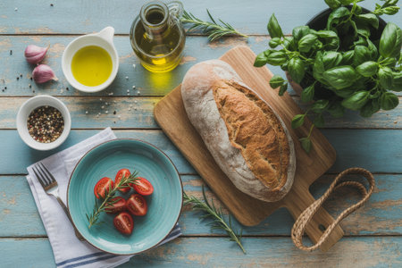 A loaf of freshly baked bread sits on a cutting board alongside ripe cherry tomatoes, olive oil, garlic, basil, and cracked pepper, creating a simple yet inviting meal setup.の素材
