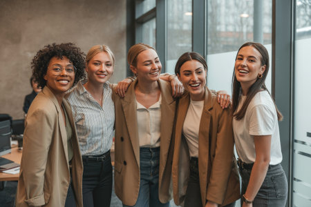 A group of confident women entrepreneurs stands together in a bright office. They share smiles and laughter, showcasing their partnership and determination. The atmosphere is lively and inspiring.の素材
