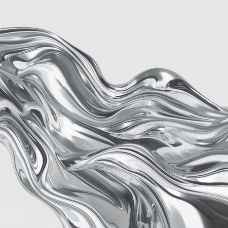 A silver liquid metal forms elegant waves, moving smoothly across a bright background. The metallic surface reflects light, highlighting its fluid shapes and textures.の素材