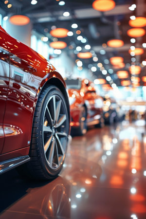 Stunning red sports car is showcased in a high-end showroom, with elegant lighting creating a beautiful bokeh effect.の素材