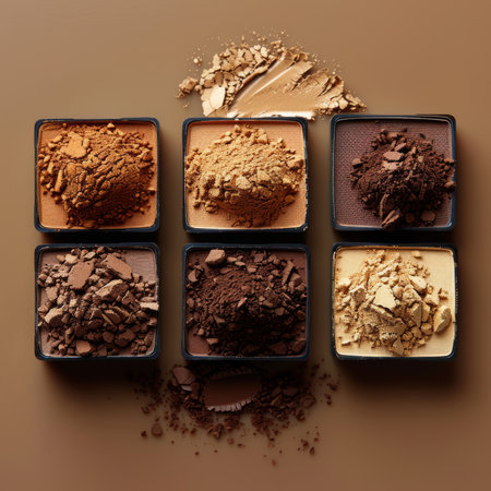 Three shades of boggy powder contrast elegantly atop a marble backdrop, bathed in warm, natural light.の素材