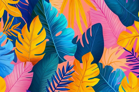 Colorful tropical leaves in blue, yellow, and pink intertwine, bringing a cheerful and exotic atmosphere to any creative space.の素材