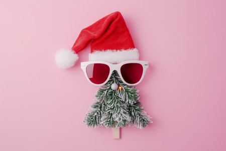 A creative holiday decoration combines a green tree with sunglasses and a Santa hat, radiating fun and festive spirit for the season.の素材