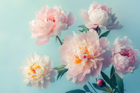Delicate peonies burst into bloom, their soft colors and layers of petals creating an enchanting display under bright sunlight.の素材