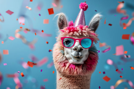 A llama dons party glasses and a sparkly hat amidst a shower of colorful confetti.の素材