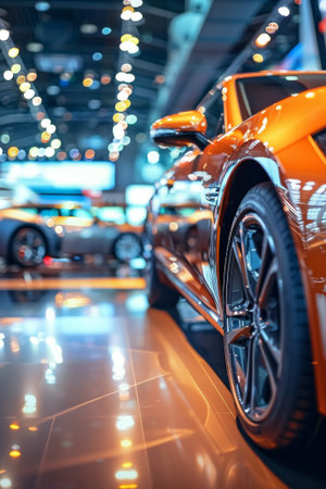 Stunning yellow sports car is showcased in a high-end showroom, with elegant lighting creating a beautiful bokeh effect.の素材