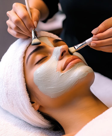 A client indulges in a calming spa experience as a professional applies a revitalizing facial mask with care and precision for ultimate relaxation.の素材