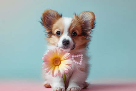 A fluffy puppy tenderly holds a vibrant Gerbera daisy, capturing the essence of spring.の素材