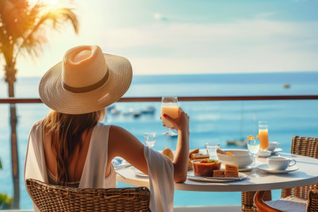 Young woman leisurely sits at a sunlit table, orange juice in hand, taking in the scenic seaside view.の素材