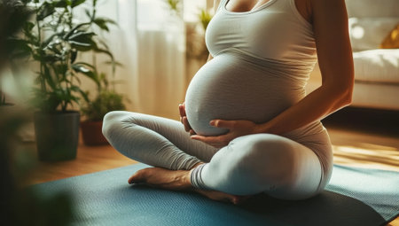 In a cozy living room filled with greenery, a pregnant woman sits in a meditative pose on a blue mat, nurturing her connection with her baby through yoga and mindfulness.の素材
