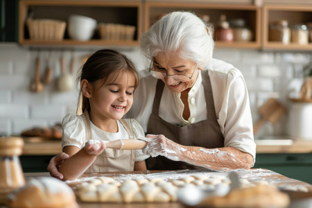 A smiling grandmother with flour on her hands lovingly touches her granddaughters nose in a warm, inviting kitchen.の素材