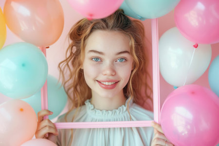 A beautiful woman gracefully holds a pastel rose frame in front of her face, creating a mysterious and artistic visual.の素材