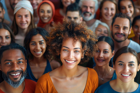 Warm mosaic of joy as a diverse group of people share a happy moment together.の素材