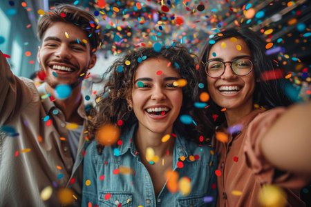 Group of cheerful colleagues reveling in their triumph, hands raised in jubilation under a shower of colorful confetti.の素材