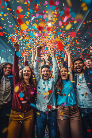 Group of cheerful colleagues reveling in their triumph, hands raised in jubilation under a shower of colorful confetti.の素材