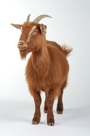 A domestic goat with small curved horns stands calmly. Its rich brown fur adds warmth to the setting. The goat appears curious and alert, showcasing its friendly nature.の素材