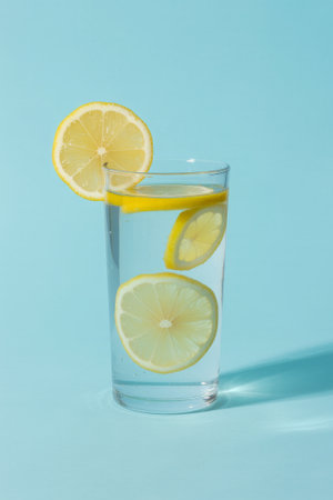 A tall glass of lemonade sits against a bright blue background. It features floating lemon slices, adding a refreshing touch to a sunny day. Perfect for summer enjoyment.の素材