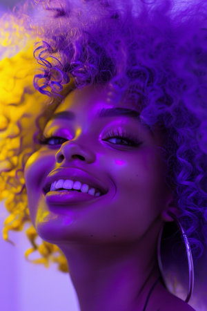 A captivating portrait of a woman smiling, basked in a vivid violet light that highlights her curly hair and exudes style.の素材