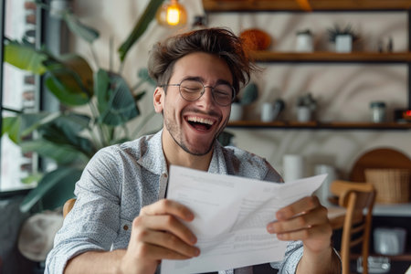 Delighted man in glasses reads a letter, laughing with sheer joy in a warmly-lit cafe.の素材