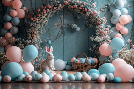 Tranquil bunny sits surrounded by a lush arch of spring flowers and scattered pastel Easter eggsの素材