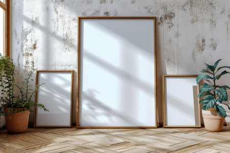 Sunlit art studio with blank frames ready for creativityの素材