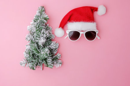 A whimsical holiday display showcasing a frosted tree and a festive Santa hat paired with funky sunglasses on a soft pink backdrop.の素材