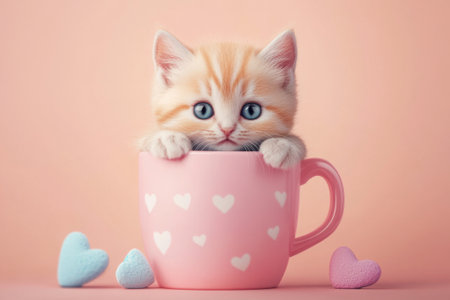 A curious kitten with orange stripes playfully looks over the rim of a pink mug, surrounded by colorful, fluffy candy.の素材