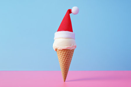 A cheerful ice cream cone wearing a Santa hat stands brightly against a solid blue background, bringing a whimsical twist to the holiday season.の素材